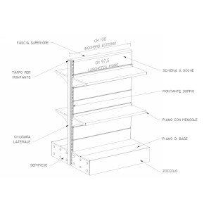 Modulo continuativo scaffalatura da negozio con piani a mensole di cm. 100x50x140h