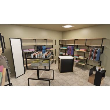 Allestimento per negozio con struttura metallica a parete modello ESSENCE_LBR