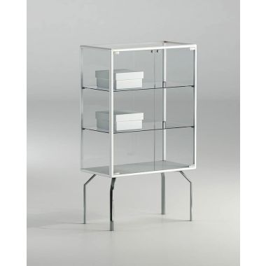 Piccola teca per negozio con base a quattro gambe in metallo cm. 71x37x120h