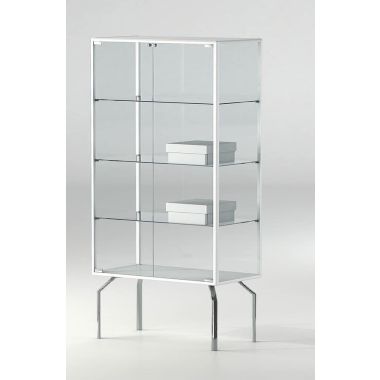 Teca in vetro su gambe in metallo cromato e tre piani per museo cm. 91x37x170h