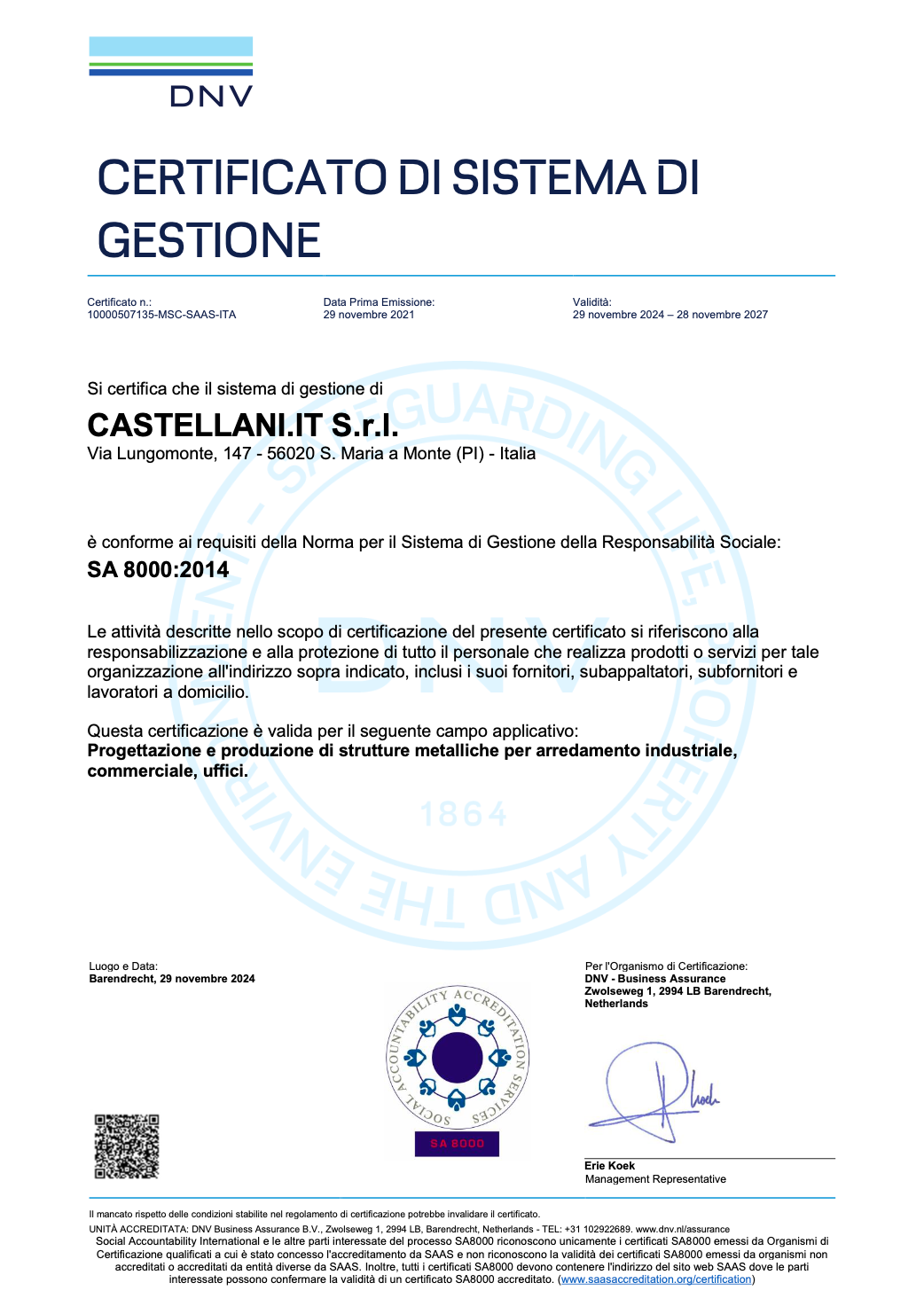 Certificazioni aziendali Castellani Shop
