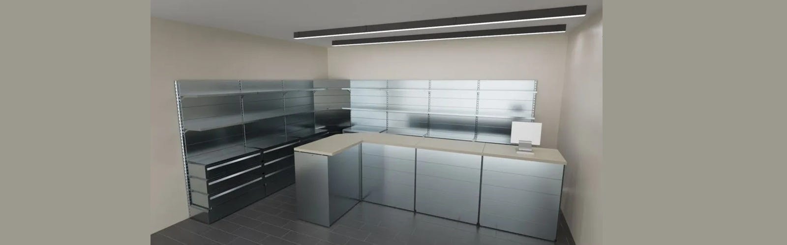 scaffale con cassetti in metallo